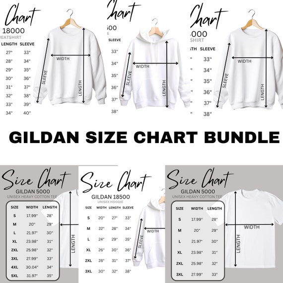 Gildan Size Chart Bundle, Gildan 18000, 18500, 5000 Size Guide Mockup Package, Two versions S-5XL, G18500 Size Chart,  Unisex Size G18000