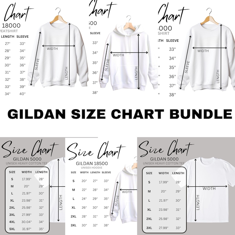 May include: Size chart for Gildan 5000 unisex heavy cotton tee, Gildan 18500 unisex hoodie, and Gildan 5000 unisex heavy cotton tee. The chart shows the width and length measurements for each size, from S to 5XL.
