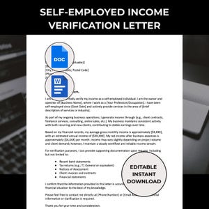 Op de afbeelding: Een sjabloon voor een inkomensverificatiebrief voor zelfstandigen. Het document bevat bewerkbare velden en een sectie voor ondersteunende documentatie. De tekst "SELF-EMPLOYED INCOME VERIFICATION LETTER" staat bovenaan. Een cirkel leest "EDITABLE INSTANT DOWNLOAD."