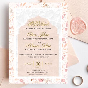 Elegante islamitische huwelijksuitnodiging | Perzik gouden Walima of Nikkah uitnodigingssjabloon | Moslim huwelijksuitnodiging | Direct downloaden