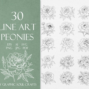 Peony SVG, bloemen clipart, pioen lijntekeningen SVG clipart, pioen illustratie, gesneden bestanden SVG, overzicht pioen