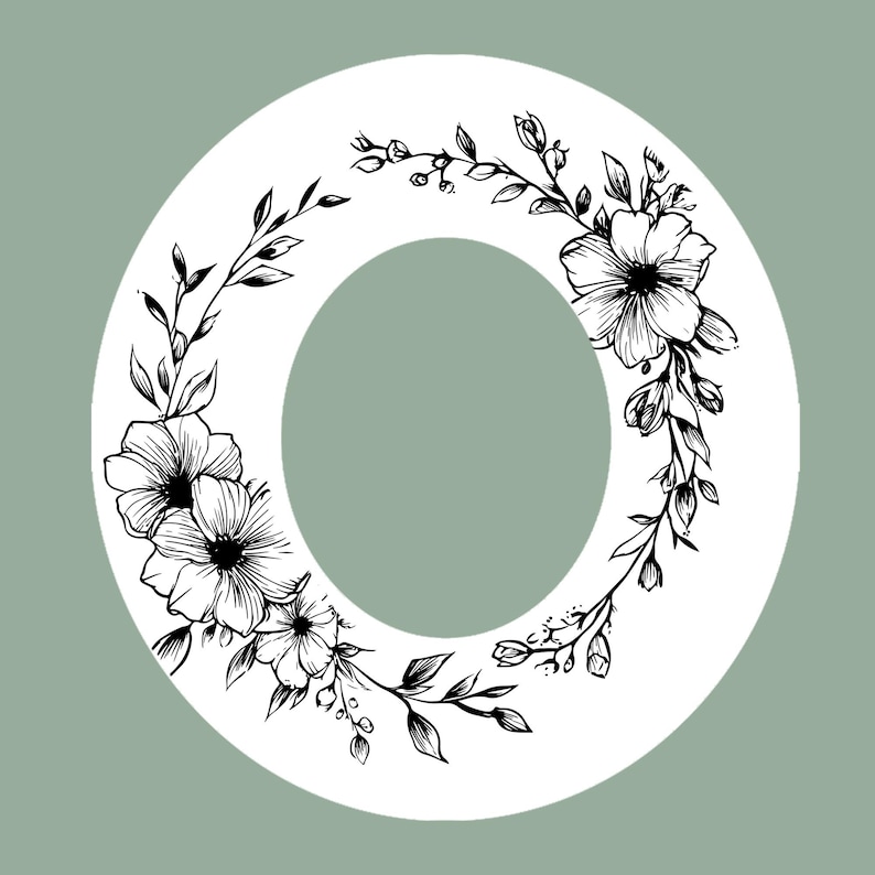 May include: A white letter "O" adorned with a black floral illustration. The flowers and foliage are detailed, creating a botanical design. The background is a soft, muted green, complementing the monochrome letter. A decorative element.