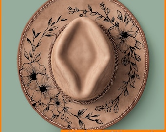 Flower hat Burning Pyrography Traceable Design, Laser Engraving File Stencil For Wide Brim Hats, SVG, PNG Digital Files