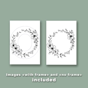May include: Two white art prints with black floral wreath designs. One print has a circular frame, and the other does not. The text at the bottom reads "Images &laquo;with frame&raquo; and &laquo;no frame&raquo; included."