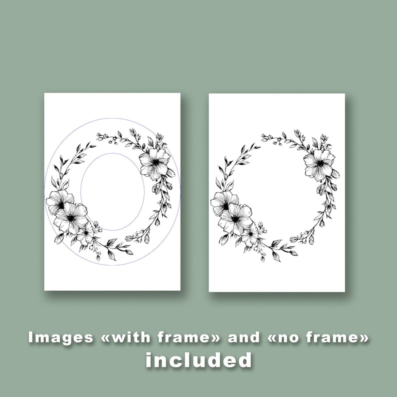 May include: Two white art prints with black floral wreath designs. One print has a circular frame, and the other does not. The text at the bottom reads "Images &laquo;with frame&raquo; and &laquo;no frame&raquo; included."