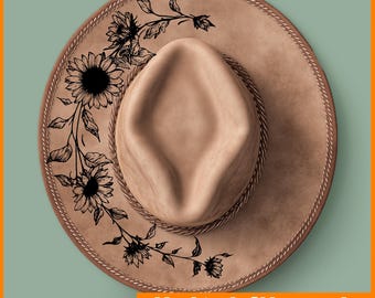 Chapéu de flor margarida, pirografia queimada, design rastreável, estêncil de arquivo de gravação a laser para chapéus de aba larga, SVG, arquivos digitais PNG