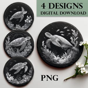 Sea Turtle PNG for Slate Engraving – Line Art Digital Download for Laser Engraving, White on Black, Sea Life Clipart, Sublimation, CNC Ready