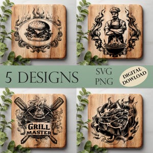 May include: A collection of five wooden square designs with black and white illustrations. Designs include a burger, a chef with a grill, crossed grill tools with "Grill Master" text, and a steak. The text "5 DESIGNS" is also present.