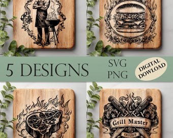 BBQ Logo & Grill SVG Pack | Laser Engraving Files for Cutting Boards | Smoker, Steak, Burger | CNC Glowforge Ready