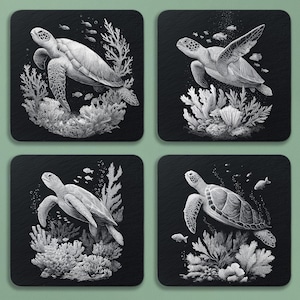 Sea Turtle PNG for Slate Engraving – Slate Coaster Laser Engraving file, White on Black, Sea Life Clipart, Sublimation, CNC Ready