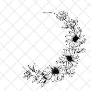May include: A black and white floral crescent design featuring sunflowers and other flowers. The illustration is a line drawing with detailed petals and leaves, suitable for craft projects.