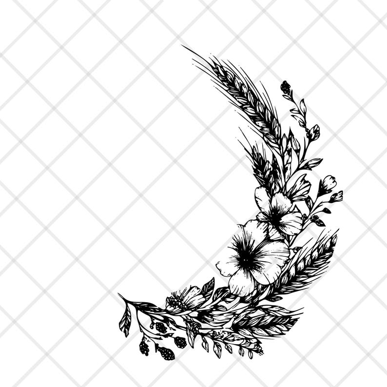 May include: Black and white floral crescent design featuring detailed illustrations of flowers, wheat, and foliage. The artwork is a line drawing style, perfect for various craft projects and designs.