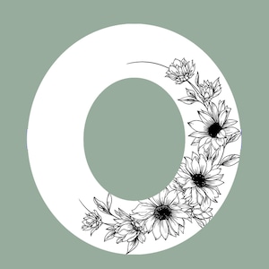 May include: White letter "O" with a floral design. The letter is filled with black and white sunflowers and other flowers. The background is a solid sage green colour.