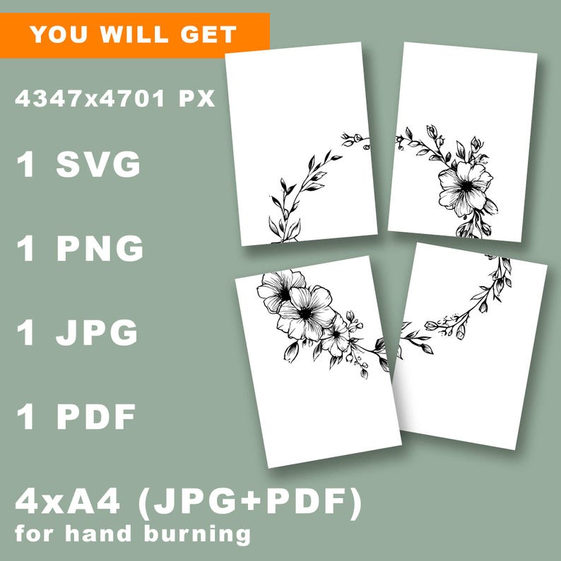 May include: Four white cards with black floral designs. Each card features a different botanical illustration. The cards are arranged in a square. The text "YOU WILL GET" and other details are visible in the image.