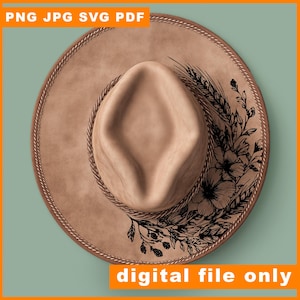 Wilsdflowers Hat Burning Pyrography Traceable Design, Laser Engraving File Stencil For Wide Brim Hats, SVG, PNG Digital Files