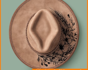 Wilsdflowers Hat Burning Pyrography Traceable Design, Laser Engraving File Stencil For Wide Brim Hats, SVG, PNG Digital Files
