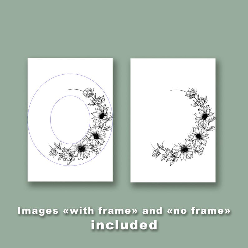 May include: Two white art prints with black floral designs. One print features a large letter "O" with a floral border, and the other has a floral semi-circle. The text "Images &laquo;with frame&raquo; and &laquo;no frame&raquo; included" is at the bottom.