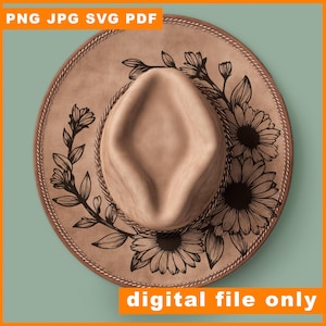 Flower Daisy hat Burning Pyrography Traceable Design, Laser Friendly Hat Burning Tracing Stencil For Wide Brim Hats, SVG, PNG Digital Files