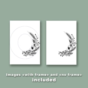May include: Two white art prints with black floral and wheat designs. One print features a large letter "O" outline with a floral arrangement. The second print shows a similar floral arrangement. Text at the bottom reads "Images &laquo;with frame&raquo; and &laquo;no frame&raquo; included."