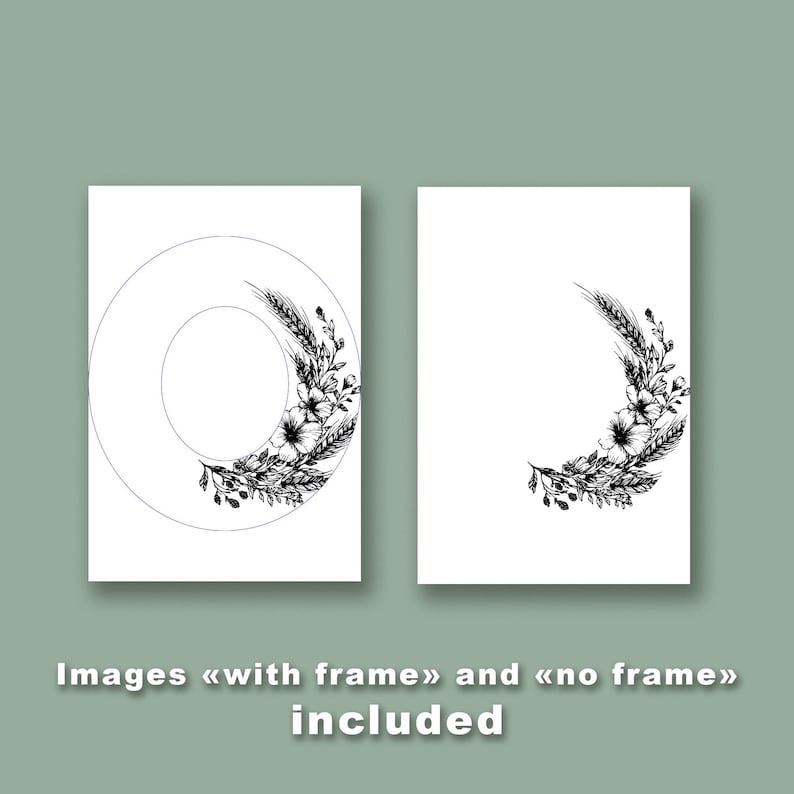 May include: Two white art prints with black floral and wheat designs. One print features a large letter "O" outline with a floral arrangement. The second print shows a similar floral arrangement. Text at the bottom reads "Images &laquo;with frame&raquo; and &laquo;no frame&raquo; included."