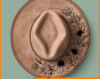 Flower Sunflowers hat Burning Pyrography Traceable Design, Laser Engraving File Stencil For Wide Brim Hats, SVG, PNG Digital Files