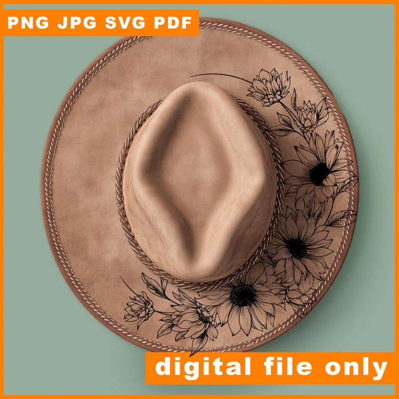 May include: A tan cowboy hat with a floral design. The hat has a decorative rope trim and a black and white floral pattern on the brim. The text "PNG JPG SVG PDF" is in the upper left corner, and "digital file only" is in the lower right corner.