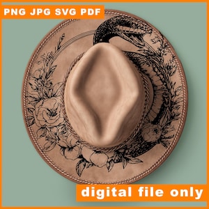 May include: A tan cowboy hat with a detailed black snake and floral design. The hat has a brown brim and crown. The text "PNG JPG SVG PDF" is at the top, and "digital file only" is at the bottom.