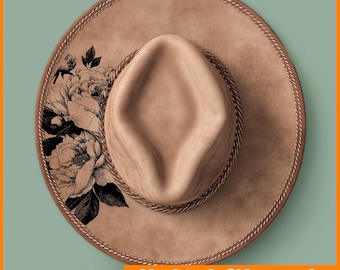 Hat Burning Pyrography Traceable Design with Peony Flowers, Laser Friendly Hat Burning Tracing Stencil For Wide Brim Hats, SVG, PNG