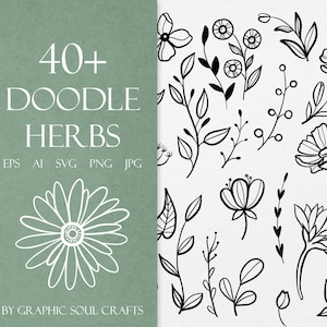 Doodle ervas svg, flores silvestres svg, flores svg clipart, doodle flores clipart, ilustração botânica, arquivo floral svg