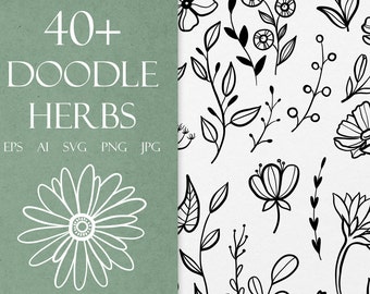 Doodle herbs svg, wildflowers svg, flowers svg clipart, doodle flowers clipart, botanical illustration, floral svg file