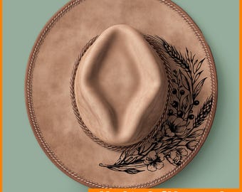 Wilsdflowers Hat Burning Pyrography Traceable Design, Laser Engraving File Stencil For Wide Brim Hats, SVG, PNG Digital Files