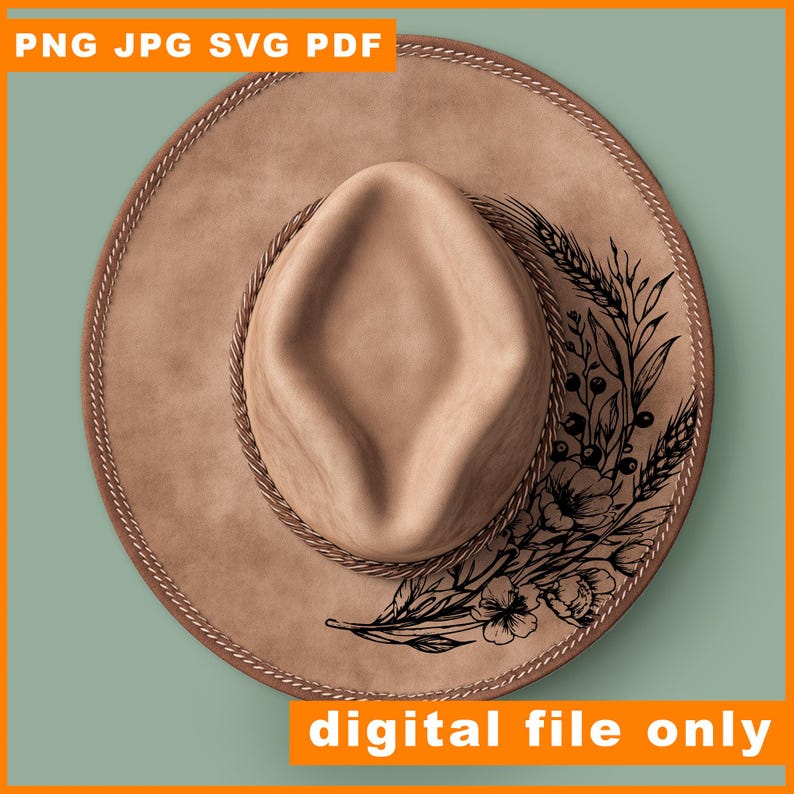 Może przedstawiać: Brązowy kapelusz kowbojski z czarnym kwiatowym wzorem. Kapelusz ma brązowe sznurowanie i tekst "PNG JPG SVG PDF" oraz "digital file only".
