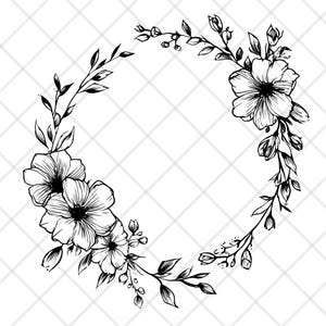 May include: A black and white floral wreath design. The wreath features detailed line art of flowers, leaves, and buds arranged in a circular shape. The design is suitable for various craft projects and decorative purposes.