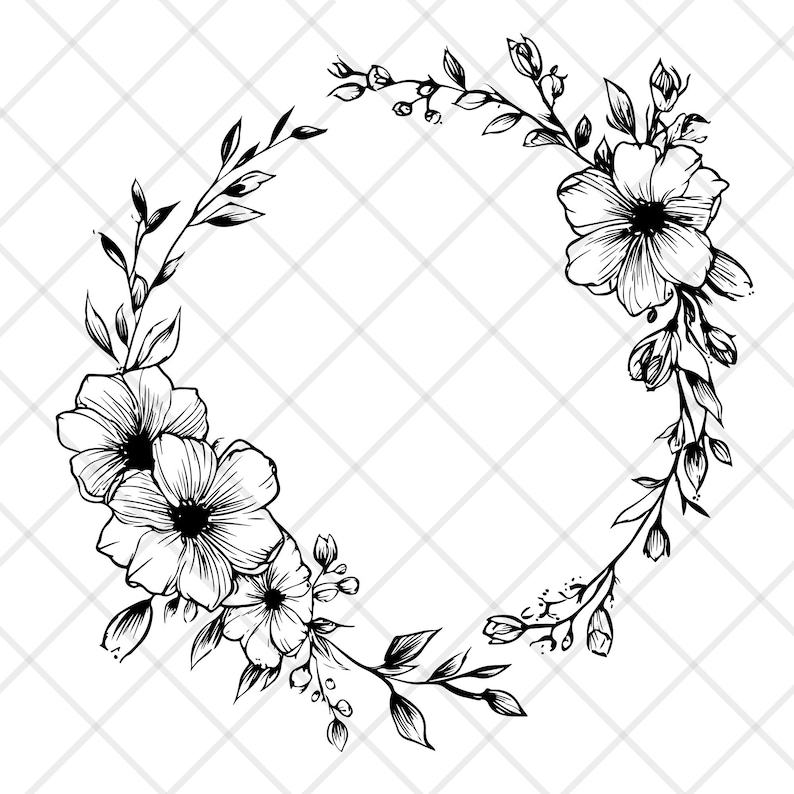 May include: A black and white floral wreath design. The wreath features detailed line art of flowers, leaves, and buds arranged in a circular shape. The design is suitable for various craft projects and decorative purposes.