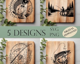 Puede incluir: Una colección de cinco diseños cuadrados de madera con ilustraciones temáticas de pesca. Los diseños incluyen una carpa, un pescador, aparejos de pesca y un pez saltando fuera del agua. Se muestra el texto "5 DESIGNS".