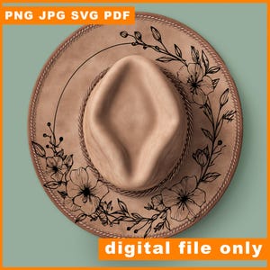 Puede incluir: Un sombrero de vaquero color canela con un diseño floral. El sombrero tiene un ala marrón con un borde cosido y un patrón floral decorativo. El texto "PNG JPG SVG PDF" está en la esquina superior izquierda y "digital file only" en la esquina inferior derecha.