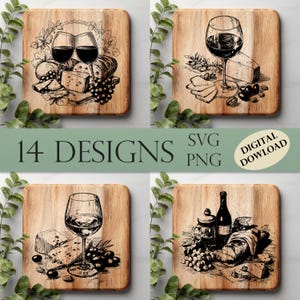 Peut inclure: Quatre planches à découper en bois avec des illustrations en noir et blanc de verres à vin, de fromage, de raisins et de pain. Le texte "14 DESIGNS SVG PNG DIGITAL DOWLOAD" est également présent.