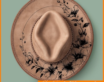 Floral wreath hat Burning Pyrography Traceable Design, Laser Engraving File Stencil For Wide Brim Hats, SVG, PNG Digital Files