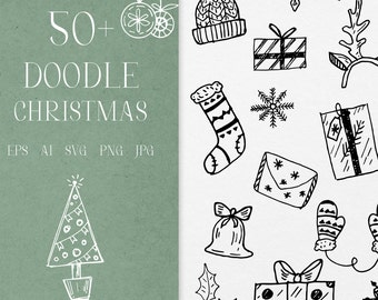 Könnte beinhalten: Ein Set mit über 50 schwarz-weißen Doodle-Weihnachts-Illustrationen. Die Illustrationen beinhalten einen Weihnachtsbaum, einen Strumpf, eine Schneeflocke, ein Geschenk, eine Glocke, einen Fäustling, einen Kranz, ein Rentier, einen Hut und einen Stechpalmenzweig.