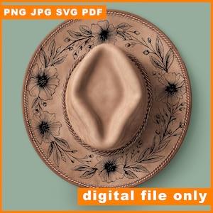 Floral wreath hat Burning Pyrography Traceable Design, Laser Friendly Hat Burning Tracing Stencil For Wide Brim Hats, SVG, PNG Digital Files