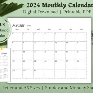 2024 Printable Minimalist Basic Monthly Calendar - Landscape Letter and A5 Size - Sunday and Monday Start - Instant Digital Download