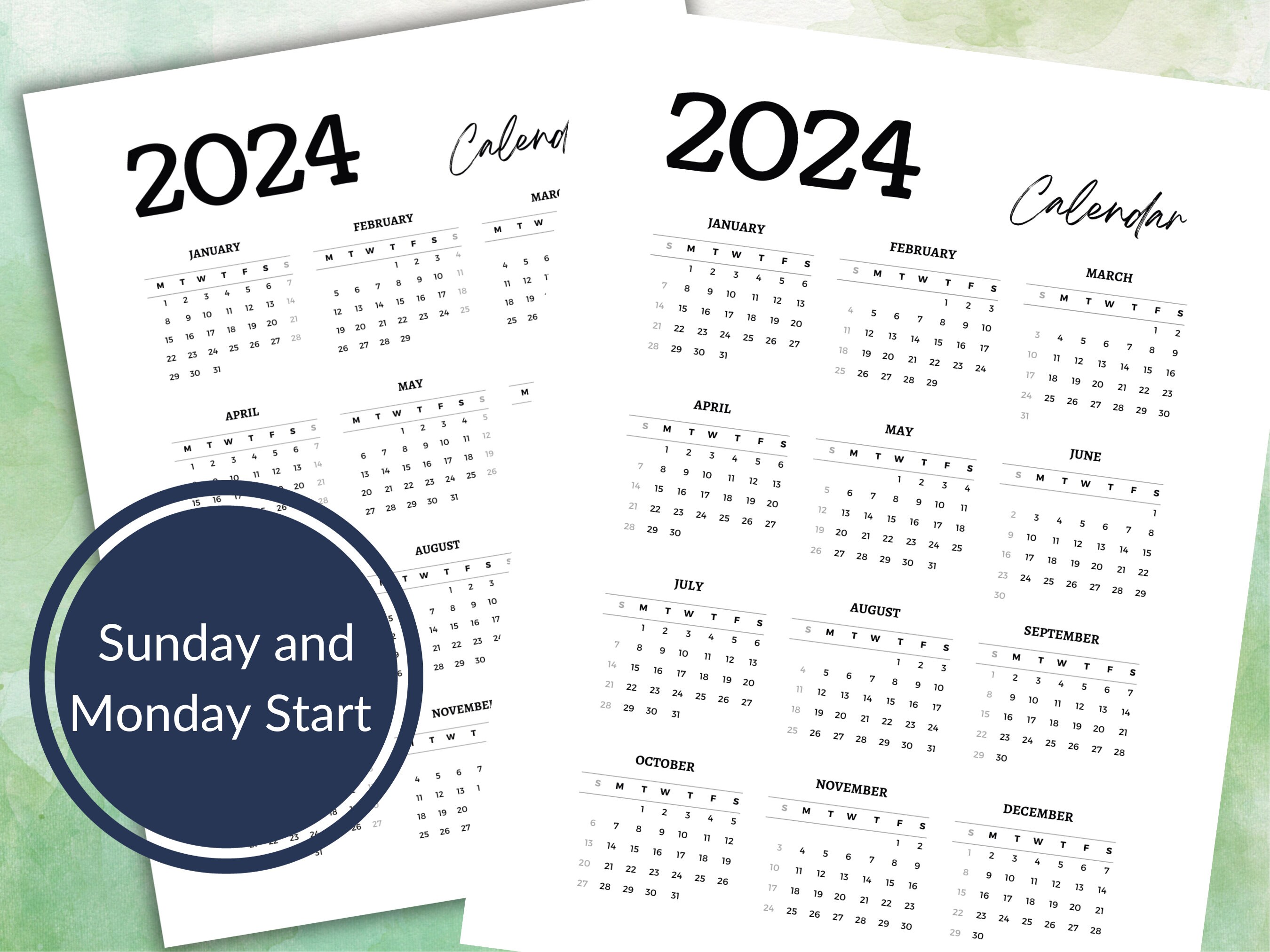 Printable Simple Minimalist 2024 Calendar Planner - Year at a Glance ...