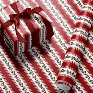 Red Striped Christmas Wrapping Paper Traditional Holiday Gift Wrap Elegant Floral Stripe Wrapping Paper Vintage Christmas Gift Wrap Red