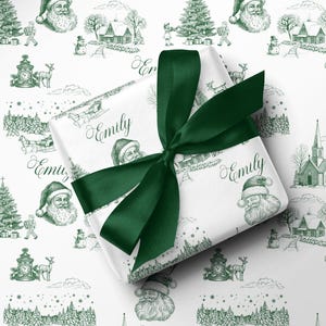 Green Personalized Christmas Wrapping Paper Green Toile Christmas Gift Wrapping Paper Roll Custom Santa Christmas Wrapping Paper Green White