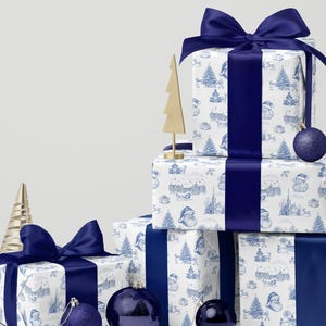 Christmas Toile Wrapping Paper Blue French Cristmas Wrapping Paper Vintage Chinoiserie Gift Wrapping Paper Rustic Christmas Farmhouse Paper
