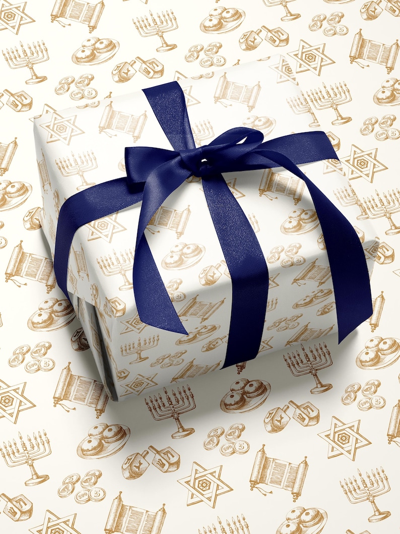 Gold Hanukkah Vintage Wrapping Paper Chanukah Decor Cream Gold Gift Wrap Hanukkah Menorah Decoration Dreidel Wrapping Chanukah Wrapping