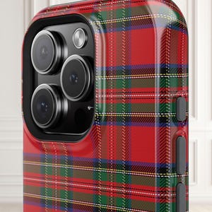 Checkered iPhone16 Plus case with bold red plaid, a festive and preppy Christmas iPhone case