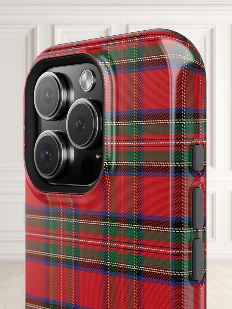 Checkered iPhone16 Plus case with bold red plaid, a festive and preppy Christmas iPhone case