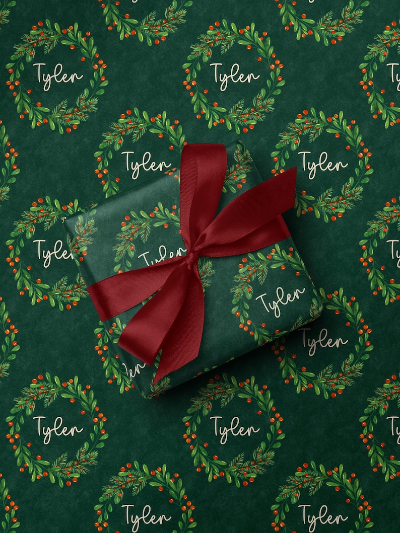 Personalized Christmas Wrapping Paper Custom Name Green Holiday Gift Wrap
