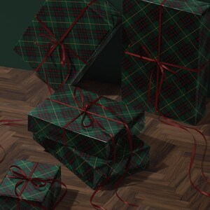 Green plaid wrapping paper for Christmas gifts
Classy dark green Christmas gift wrap with a festive tartan plaid pattern, ideal for elegant holiday style.
Christmas tartan gift wrapping paper in dark green